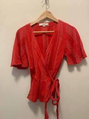 LOFT Vibrant Red Textured Wrap Blouse